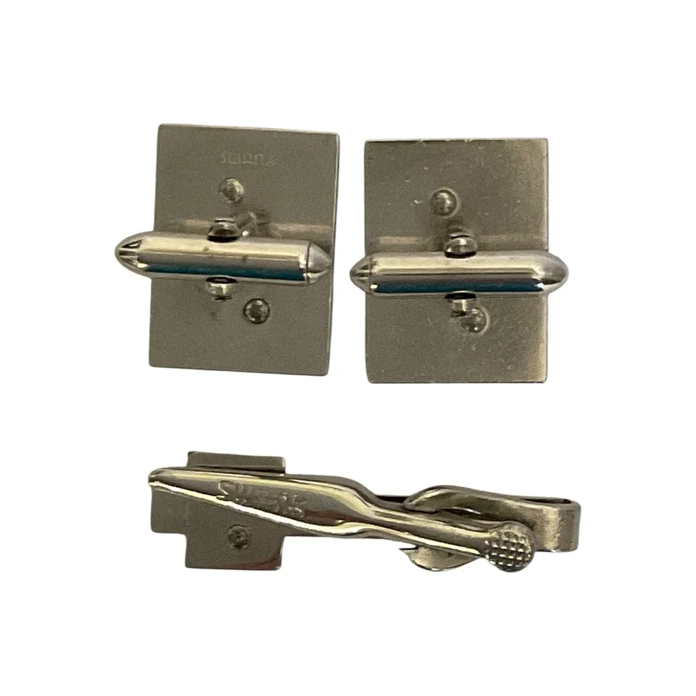 Vintage Swank Initial T Men's Cufflinks Tie Clip Set Silver Tone Black Enamel